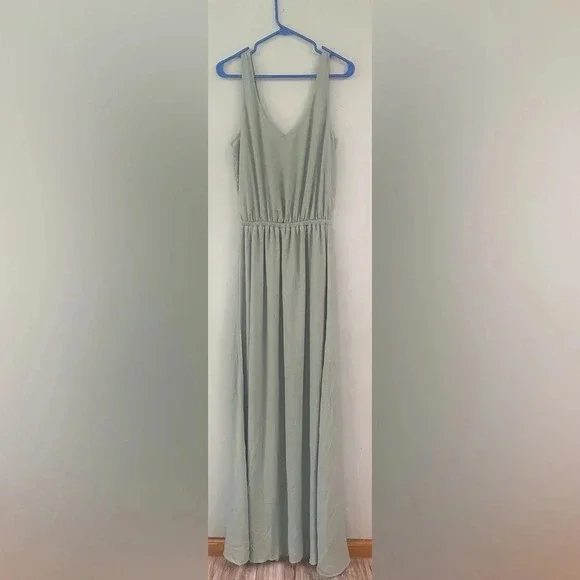 Show Me Your Mumu Kendall Chiffon Maxi Dress V-neck Size Large Silver Sage Blue - Picture 3 of 10
